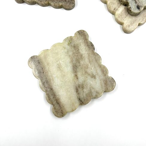 Décor Envogue Brown Marble Scalloped Coasters Set of 6 - Luxury Aesthetic Modern Drink Coasters for Coffee Table- White Scalloped Cup Coasters - Real Natural Semi Absorbent Stone Coasters in Saudi Arabia