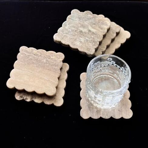 Décor Envogue Brown Marble Scalloped Coasters Set of 6 - Luxury Aesthetic Modern Drink Coasters for Coffee Table- White Scalloped Cup Coasters - Real Natural Semi Absorbent Stone Coasters in Saudi Arabia