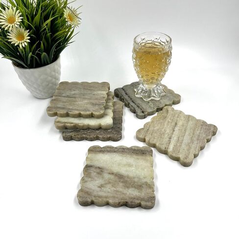 Décor Envogue Brown Marble Scalloped Coasters Set of 6 - Luxury Aesthetic Modern Drink Coasters for Coffee Table- White Scalloped Cup Coasters - Real Natural Semi Absorbent Stone Coasters in Saudi Arabia