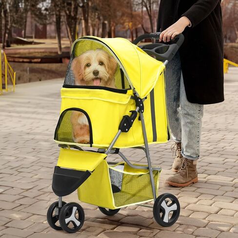MoNiBloom Foldable Pet Stroller with Waterproof Cover, 3-Wheels Dog Strolling Cart for Small/Medium Dogs and Cats with Storage Basket and Cup Holder, Breathable and Visible Mesh for All-Season, Yellow in Saudi Arabia
