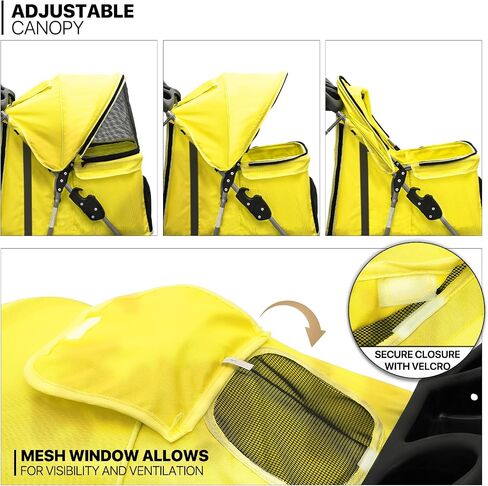 MoNiBloom Foldable Pet Stroller with Waterproof Cover, 3-Wheels Dog Strolling Cart for Small/Medium Dogs and Cats with Storage Basket and Cup Holder, Breathable and Visible Mesh for All-Season, Yellow in Saudi Arabia