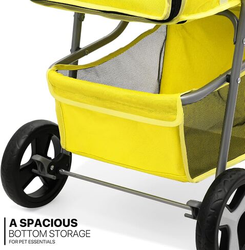 MoNiBloom Foldable Pet Stroller with Waterproof Cover, 3-Wheels Dog Strolling Cart for Small/Medium Dogs and Cats with Storage Basket and Cup Holder, Breathable and Visible Mesh for All-Season, Yellow in Saudi Arabia