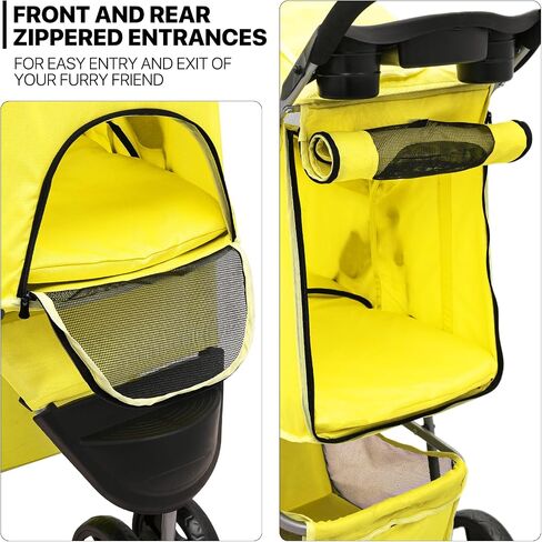 MoNiBloom Foldable Pet Stroller with Waterproof Cover, 3-Wheels Dog Strolling Cart for Small/Medium Dogs and Cats with Storage Basket and Cup Holder, Breathable and Visible Mesh for All-Season, Yellow in Saudi Arabia
