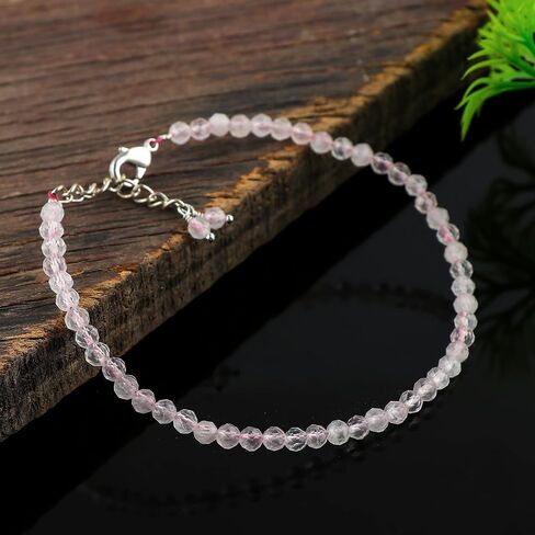 Natural Real Rose Quartz Crystals Bracelet, 3mm Best Grade Micro Cut Beads, Chakra Healing Gemstone, Beautiful Simple Jewelry, Silver Plated Jewelry 7+1 inch in Saudi Arabia