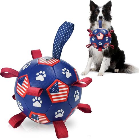 4th July Theme Soccer Ball Dog Toy with Straps Dog Interactive Play Balls for Tug of War USA Independence Day Dog Soccer Ball for Small Medium Big Size Dog (8 inches) M in Saudi Arabia