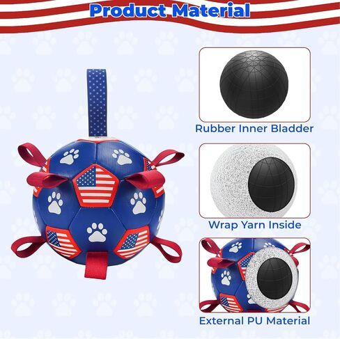 4th July Theme Soccer Ball Dog Toy with Straps Dog Interactive Play Balls for Tug of War USA Independence Day Dog Soccer Ball for Small Medium Big Size Dog (8 inches) M in Saudi Arabia