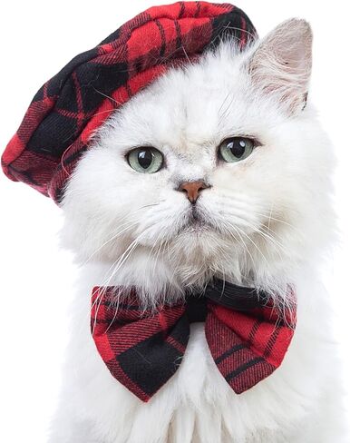 قبعة منقوشة للقطط مع فيونكة للقطط المضحكة مع ربطة عنق حمراء لزي القطط الصغيرة والمتوسطة والكبيرة (M) in Kuwait