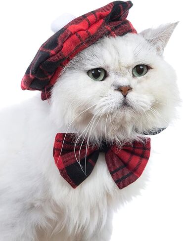 قبعة منقوشة للقطط مع فيونكة للقطط المضحكة مع ربطة عنق حمراء لزي القطط الصغيرة والمتوسطة والكبيرة (M) in Kuwait