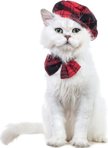 قبعة منقوشة للقطط مع فيونكة للقطط المضحكة مع ربطة عنق حمراء لزي القطط الصغيرة والمتوسطة والكبيرة (M) in Kuwait