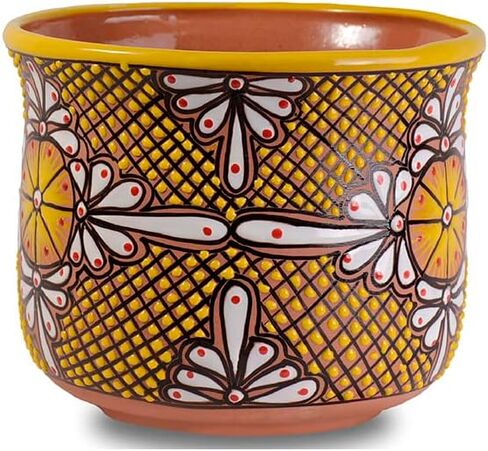 MOBA HOME- Pot Plant made of Clay Hand Painted Lead-Free Ceramic and Talavera, Home Decor Outdoor and Indoor, Mexican Craft Poterry Garden Decor Model TAJ (Yellow Flower) in Saudi Arabia