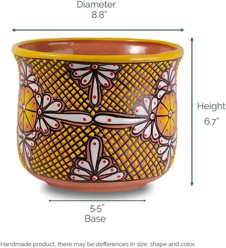 MOBA HOME- Pot Plant made of Clay Hand Painted Lead-Free Ceramic and Talavera, Home Decor Outdoor and Indoor, Mexican Craft Poterry Garden Decor Model TAJ (Yellow Flower) in Saudi Arabia