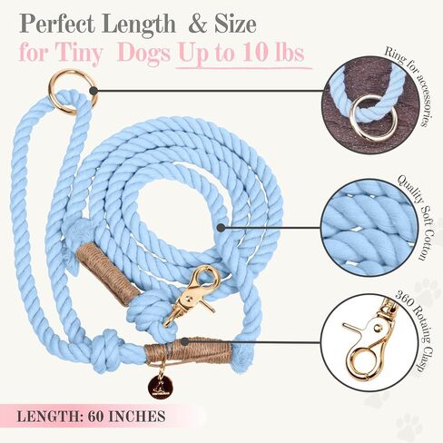 TinyPup Premium Rope Leash for 10 lbs Dogs, 5ft Soft Braided Cotton Rope Leash for Small Dogs, Lightweight Dog Leash with 360-Degree Snap Clip, Comes with Designer Gift Bag;Light Blue Dog Leash in Kuwait