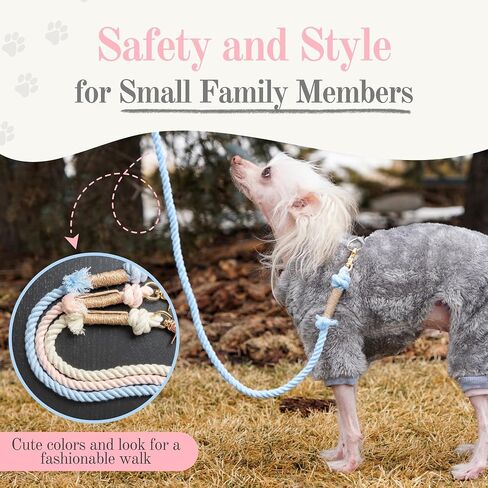 TinyPup Premium Rope Leash for 10 lbs Dogs, 5ft Soft Braided Cotton Rope Leash for Small Dogs, Lightweight Dog Leash with 360-Degree Snap Clip, Comes with Designer Gift Bag;Light Blue Dog Leash in Kuwait