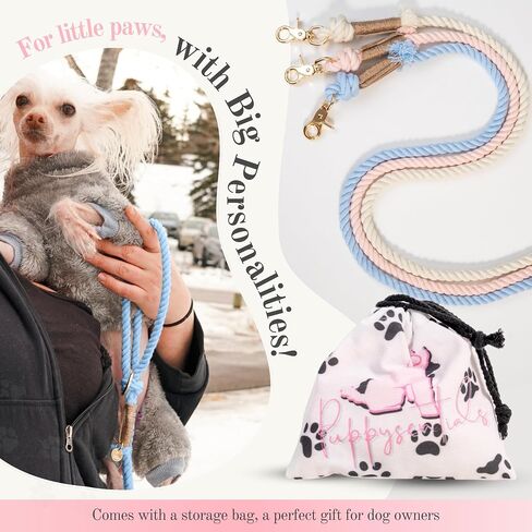TinyPup Premium Rope Leash for 10 lbs Dogs, 5ft Soft Braided Cotton Rope Leash for Small Dogs, Lightweight Dog Leash with 360-Degree Snap Clip, Comes with Designer Gift Bag;Light Blue Dog Leash in Kuwait