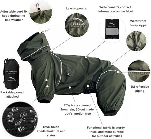 Dog Lightweight Windbreaker, Pet Outdoor Sports Jacket, 0.5 lbs,3 in One, Hooded, Easy on/Off with Collar and Harness, Reflective Piping, Packable, Dog Hiking/Camping,Dark Olive (Medium) in Saudi Arabia