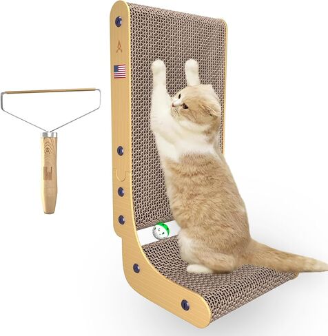 cat Scratcher Durable L Shape Cat Scratch Pad Cat Toys Multifunction Cat Scratch Pad Wall Mounted Cat Scratching Cardboard Post with Ball Toy for Indoor Cat Pet Hair Remover & Catnip Included in Saudi Arabia