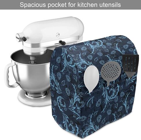 Ambesonne Blue Stand Mixer Cover, Abstract Damask Inspired Curvy Flower Ornate Flourish Royal Revival Retro, Kitchen Appliance Organizer Bag Cover with Pockets, 6-8 Quarts, Indigo Aqua in Saudi Arabia