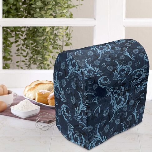 Ambesonne Blue Stand Mixer Cover, Abstract Damask Inspired Curvy Flower Ornate Flourish Royal Revival Retro, Kitchen Appliance Organizer Bag Cover with Pockets, 6-8 Quarts, Indigo Aqua in Saudi Arabia