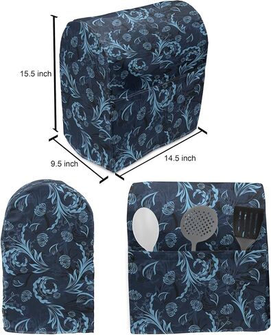 Ambesonne Blue Stand Mixer Cover, Abstract Damask Inspired Curvy Flower Ornate Flourish Royal Revival Retro, Kitchen Appliance Organizer Bag Cover with Pockets, 6-8 Quarts, Indigo Aqua in Saudi Arabia