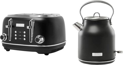 Haden 4 Slice Wide Slot Toaster with Removable Crumb Tray and 1.7L Stainless Steel Body Retro Electric Kettle Kitchen Appliance Set, Black/Chrome in Saudi Arabia