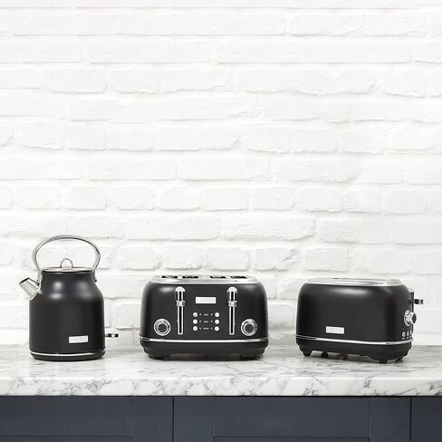 Haden 4 Slice Wide Slot Toaster with Removable Crumb Tray and 1.7L Stainless Steel Body Retro Electric Kettle Kitchen Appliance Set, Black/Chrome in Saudi Arabia