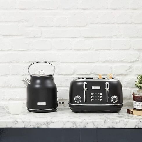 Haden 4 Slice Wide Slot Toaster with Removable Crumb Tray and 1.7L Stainless Steel Body Retro Electric Kettle Kitchen Appliance Set, Black/Chrome in Saudi Arabia