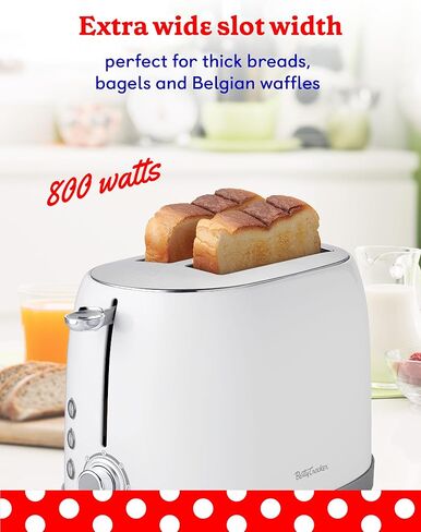 محمصة خبز متعددة الوظائف من بيتي كروكر، شريحتين مع فتحات واسعة للغاية للخبز السميك والخبز والوافل، قرص للتحكم في ظل الخبز المحمص، صينية فتات الخبز، بيضاء in Kuwait