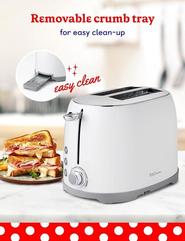 محمصة خبز متعددة الوظائف من بيتي كروكر، شريحتين مع فتحات واسعة للغاية للخبز السميك والخبز والوافل، قرص للتحكم في ظل الخبز المحمص، صينية فتات الخبز، بيضاء in Kuwait