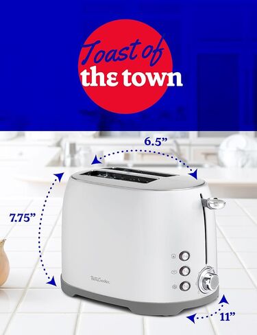 محمصة خبز متعددة الوظائف من بيتي كروكر، شريحتين مع فتحات واسعة للغاية للخبز السميك والخبز والوافل، قرص للتحكم في ظل الخبز المحمص، صينية فتات الخبز، بيضاء in Kuwait