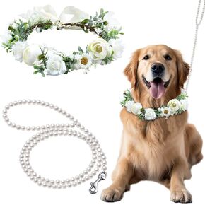 2 Pcs Dog Flower Collar Wedding and Leash Set Pearls for Dogs 120 cm 4 ft Pearls Beaded Dog Leash Dog Collar Bows for Wedding Adjustable for Medium Dogs Floral Collars Pet (Small)