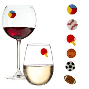 Sports and Games Magnetic Wine Glass Charms - Volleyball Basketball Ping Pong Baseball Football and Soccer Charms Set of 6 Drink Markers
