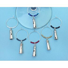 Lighthouse Wine Charms, Gift for Beach Lover, Coastal Vacation, Summer at the Shore, Light House, Set of 6. MULTI COLOR BEADS.