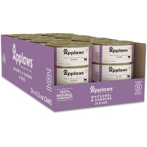 Applaws Natural Wet Cat Food in Broth, Limited Ingredient Canned Wet Cat Food, No Additives, Made with Natural Ingredients, Mackerel & Sardine in Broth (24 x 5.5oz Cans)
