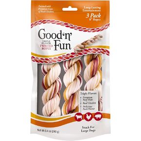 Good 'n' Fun Triple Flavor Twisted Ropes, 3 Count, All-in-One Dog Toy and Chew, Treat Large Dogs to Long-Lasting Rawhide Chews