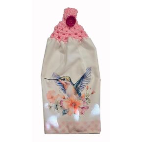 Handcrafted Pink Crochet Topped Big Hummingbird Kitchen Towel