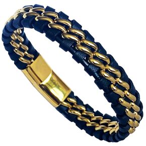 Stunning Genuine Leather Bracelet Braided with Gold Color Stainless Steel Trim - Unique Gift for Husband Boyfriend (M)