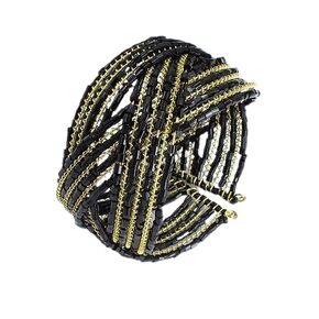 Beaded Adjustable Open Wide Modern Cuff Design Wrap Bracelets Bangle Jewelry for Women, Boho Multi-Layer Crystal Beads Cuff Bracelet Gifts for Girls (Black and White)