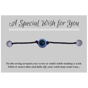 Evil Eye Black Hemp Wish Bracelet - Blue Resin Bead on Printed Card - Up to 12 inches - Unisex