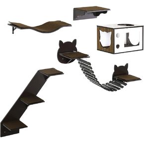 PawHut Cat Shelves with Ergonomically Curved Platform, Cozy Cat House, Bridge, Easy Stairs, and Flat Perch, Wall-Mounted Cat Tree Climbing Playground, Modern Cat Tree, Coffee Brown