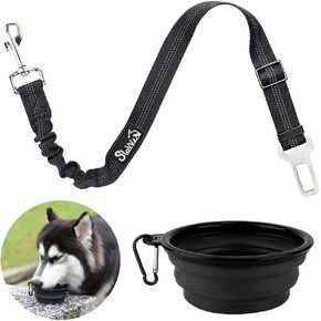 SlowTon Dog Car Seat Belt, Pet Safety Seatbelt Strap Adjustable Retractable Elastic Reflective for Vehicle Heavy Duty Tether for Dogs Cats with Collapsible Dog Bowl Portable Travel Set(Black, 1 Pack) in Kuwait
