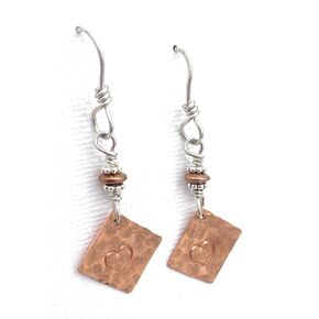 Copper Square with Tiny Stamped Heart Earrings, Copper is 7th Anniversary Gift, Handmade in USA
