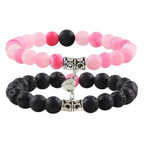 2 PCS Magnetic Couples Love Bracelets, WGXIA Long Distance Natural Energy Stone Beads Bracelet Set His and Hers Relationship Bracelet for Boyfriend Girlfriend Jewelry(Pink + Black)