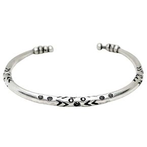 Sterling Silver Thick Solid Rounded Boho Hippie Cuff Bracelet With Ethnic Tribal Patterns Engravings and Beads, Gift for Her