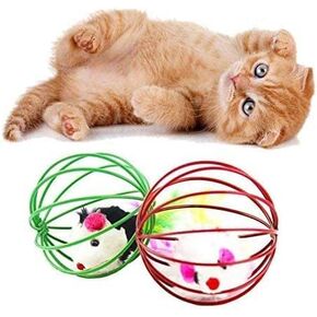 1Pc Random Color Caged Rats Rolling Wire Cage Plush Mouse Ball Funny Cat Toy Catches The - Hide Balls Interactive Toy, Mice and Animal Toys