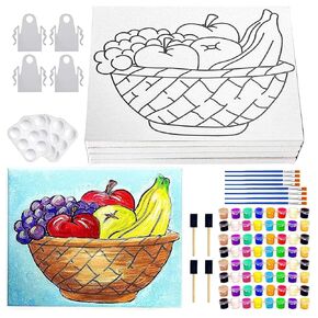 4 PACK Canvas Painting Kit | Custom Fruit Bowl Still Life Theme Pre Drawn Stretched Canvas Kit | Birthday Gift | Kids Adults Paint and Sip Party Favor | DIY… (11x14)