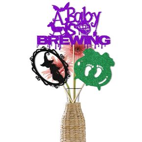 12 Pcs Purple Green A Baby Is Brewing Centerpiece Sticks, Halloween Baby Shower Decorations, A Little Boo is Almost Due, Halloween Gender Reveal Pregnancy Party Decoration Supplies