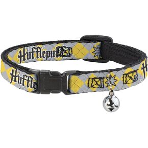 Warner Bros. Cat Collar, Breakaway Collar with Bell, Harry Potter Hufflepuff Stars Argyle Plaid Gray Gold Browns, 8.5 to 12 Inches 0.5 Inch Wide