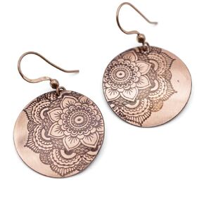 Handcrafted Solid Copper Mandala Circle Earrings (Antiqued Copper, 1" drop)