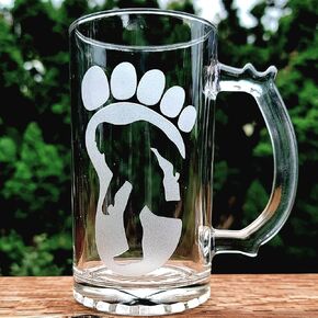 Bigfoot Sasquatch Yeti 16oz. Glass Beer Mug Handmade Deep Carved Engraving Bigfoot print with Bigfoot inside Etched Engraved Sports Mug Unique Bigfoot Gift.