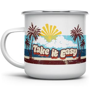 Take it Easy Retro Enamel Camp Mug, Chill Vibes Camping Coffee Cup, Beach Outdoor Lover Gift (12oz)